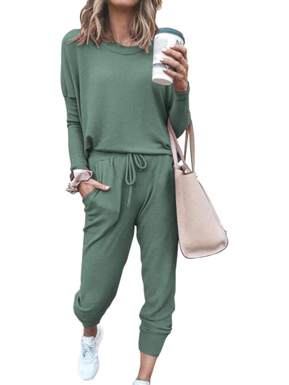 Women's 2 Piece Sets Light Green Sweatsuits Casual Long Sleeve Sweatpants Fall
